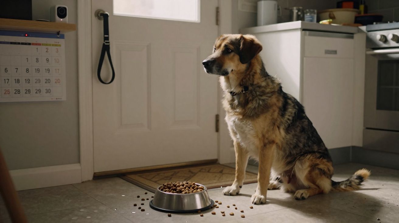 Cão sentado no chão da cozinha junto a um prato de comida, perto de uma porta com calendário na parede.