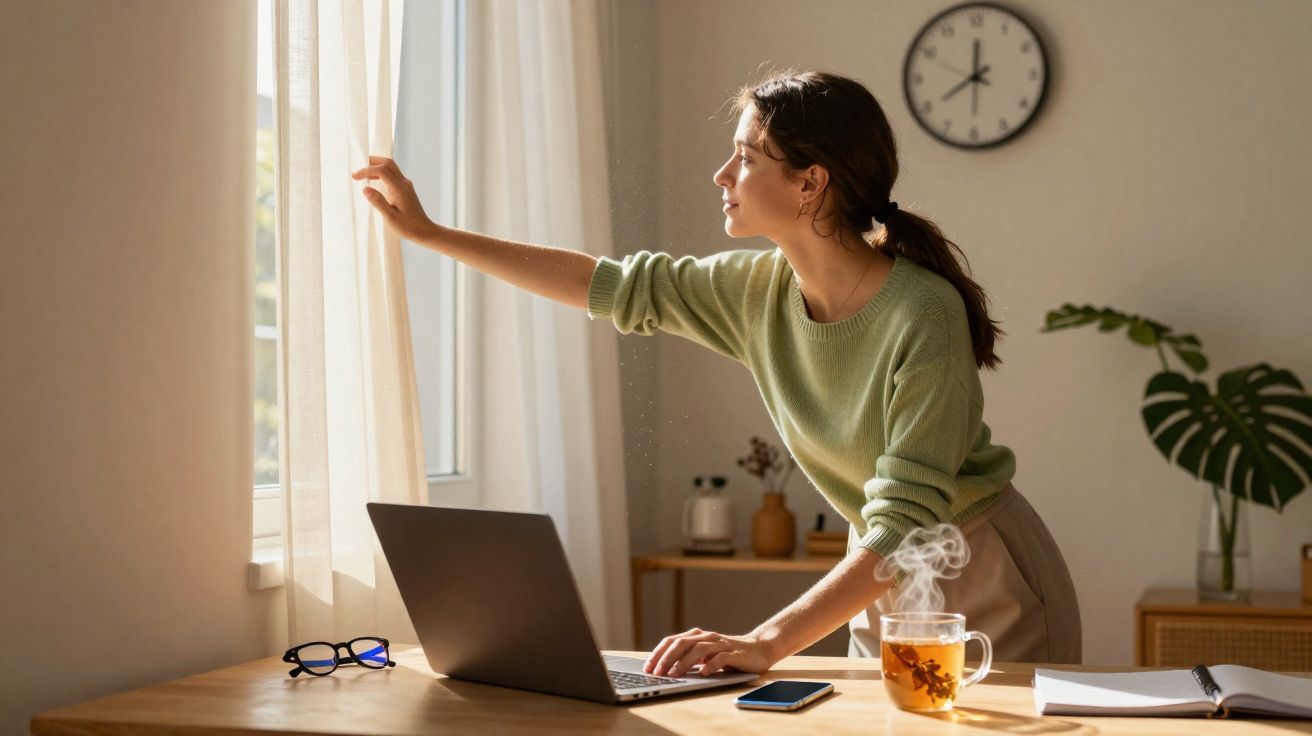 Mulher abre a cortina junto a mesa com portátil, chá a vapor, telemóvel e óculos, num escritório luminoso.