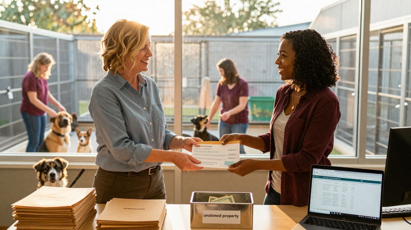 Duas mulheres trocando um cheque numa administração de bens não reclamados, com cães e pessoas ao fundo.