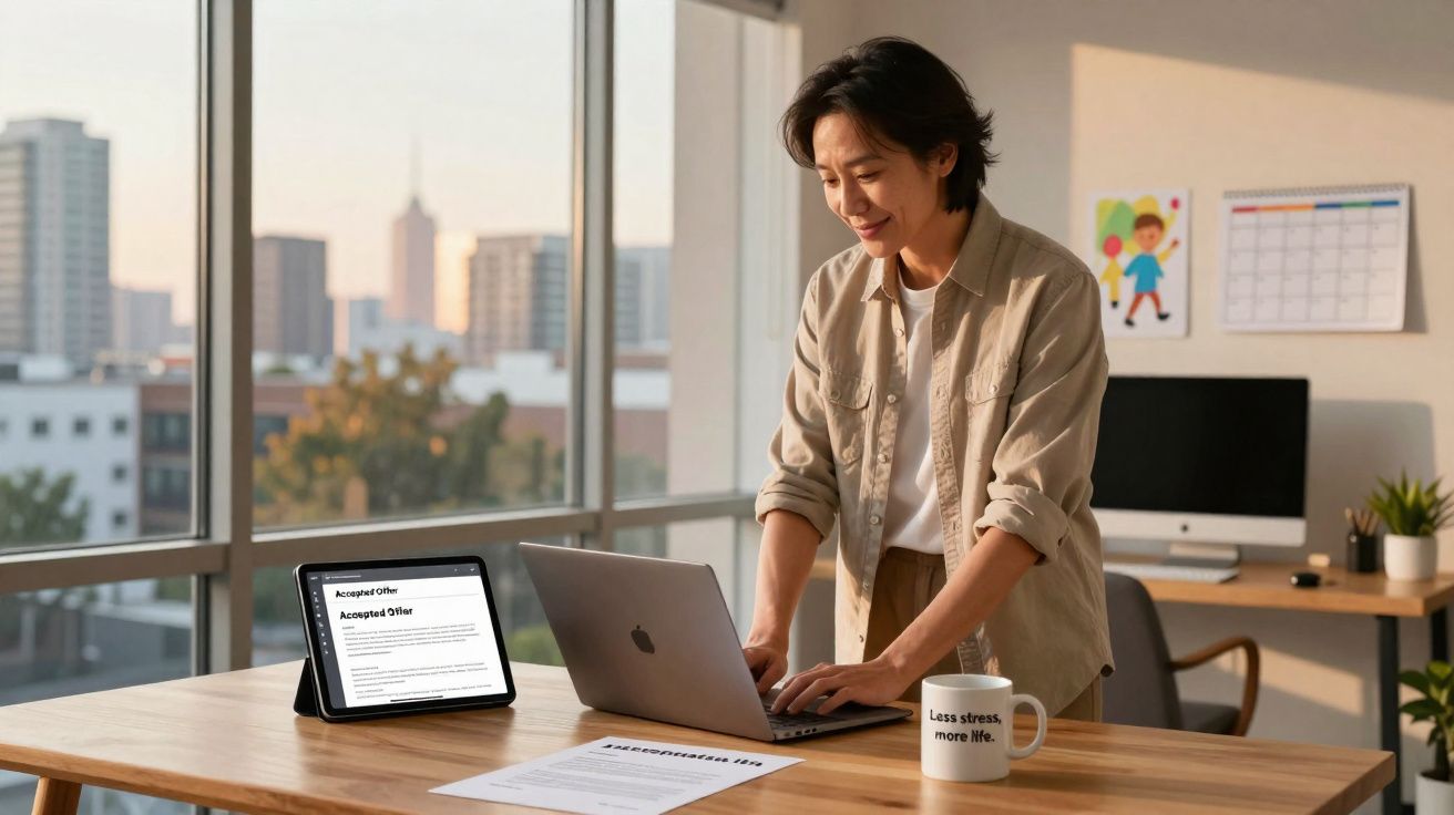 Pessoa sorridente a trabalhar num portátil numa mesa com tablet e caneca, com vista para a cidade ao fundo.