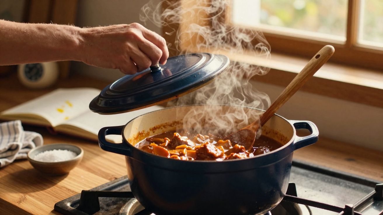 Mão a abrir a tampa de uma panela azul com guisado a ferver e vapor a sair no fogão da cozinha.