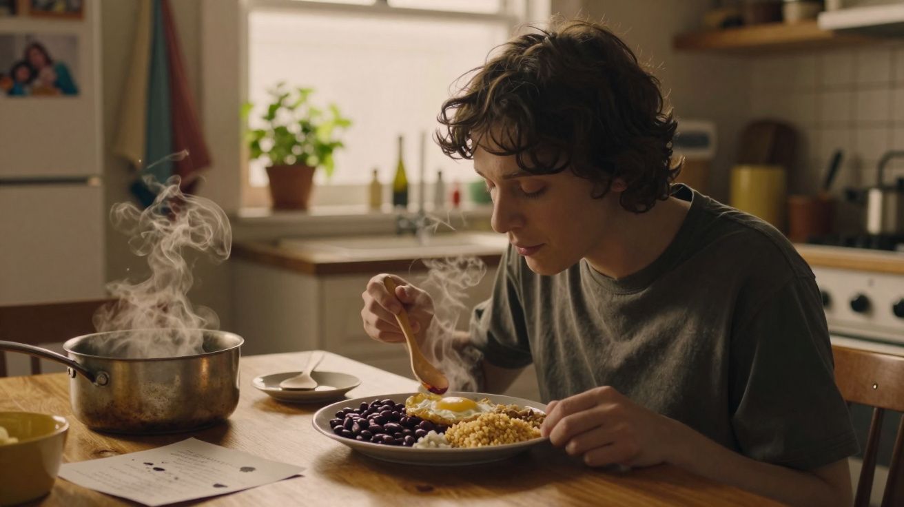 Pessoa a almoçar feijão, arroz, ovo e farofa numa cozinha com panela a fumegar sobre a mesa de madeira.