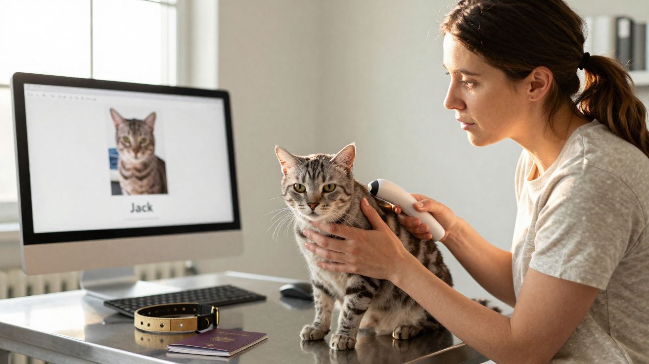 Mulher segura gato para escanear microchip, computador mostra foto do gato com nome Jack.