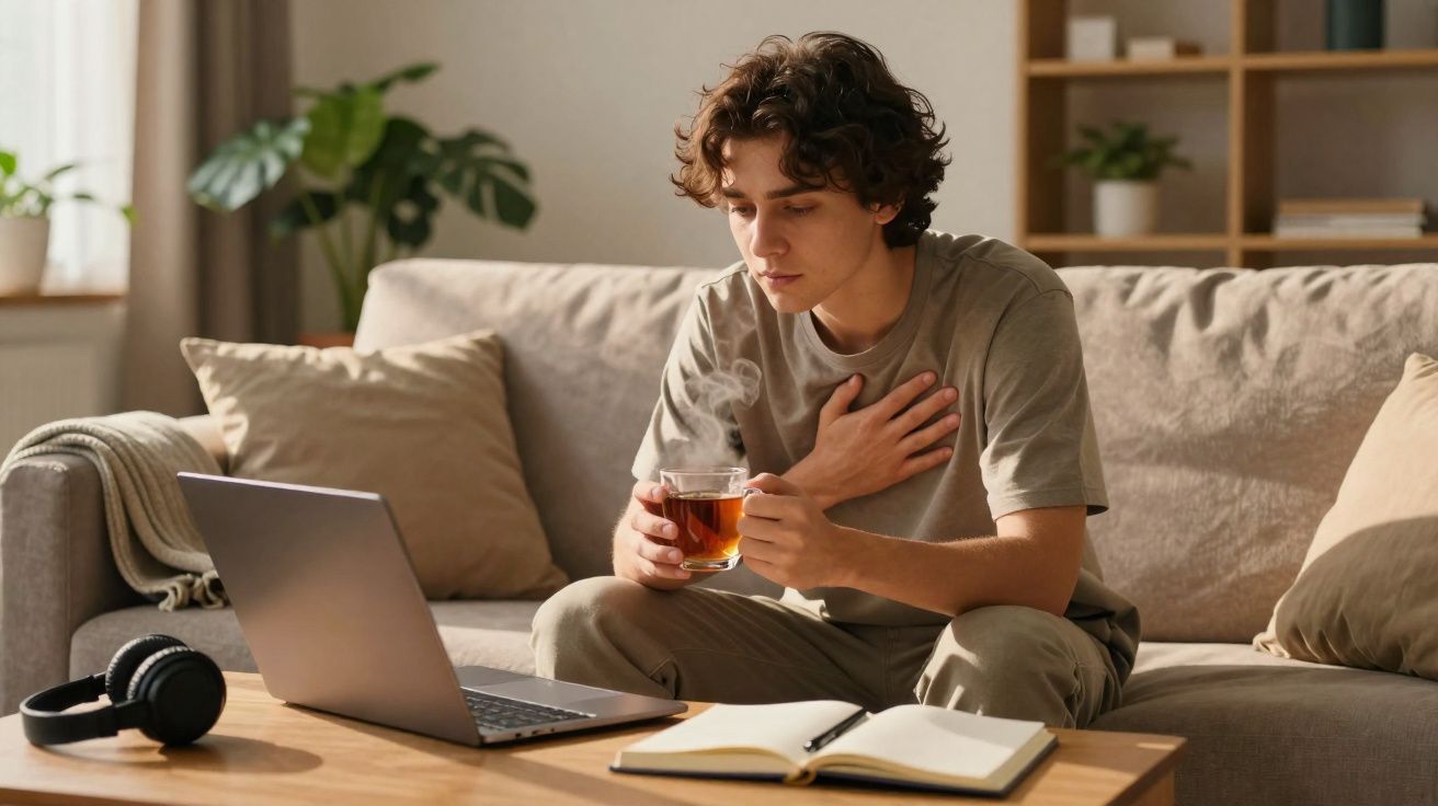 Jovem sentado no sofá com chá na mão, tocando o peito e olhando para o computador portátil.