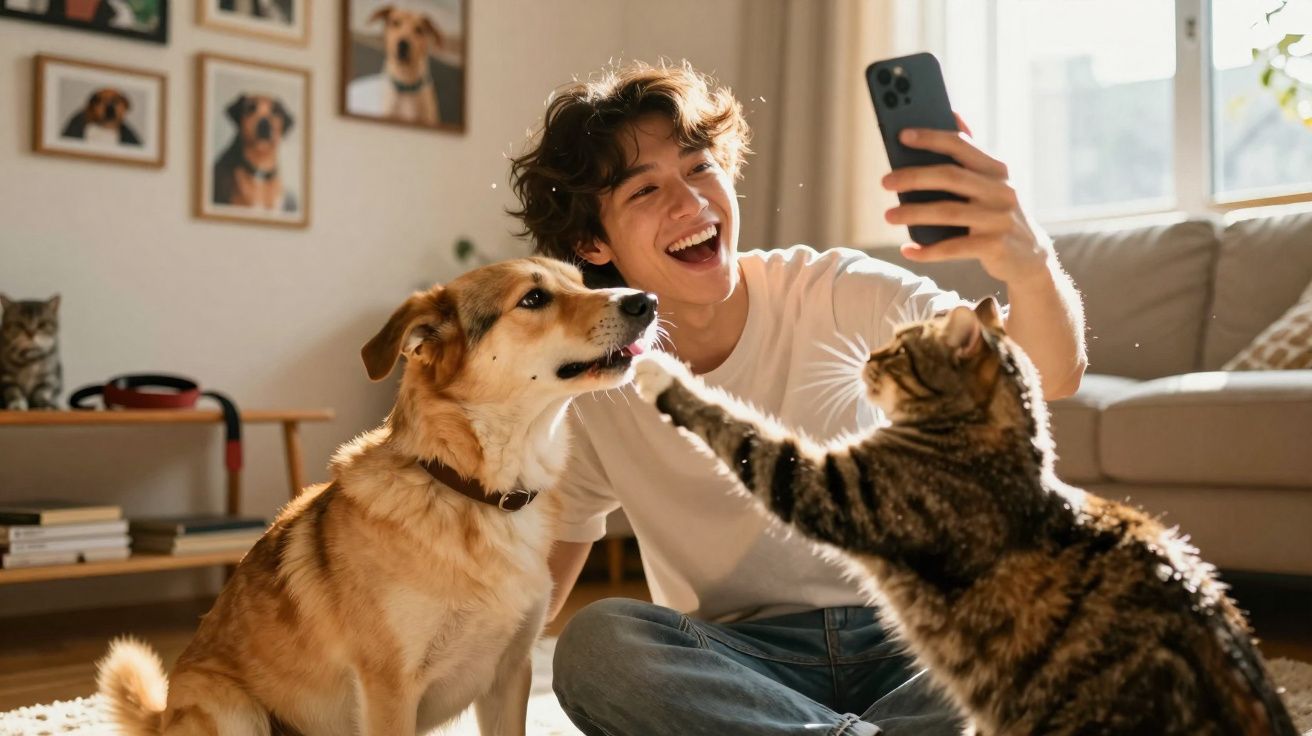 Jovem sentado no chão a tirar uma selfie com um cão e um gato a interagirem num ambiente acolhedor.
