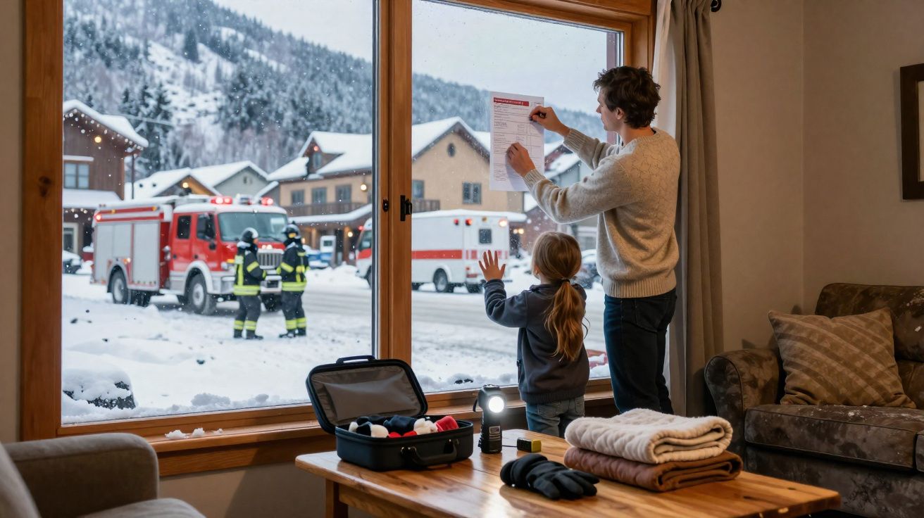 Adulto e criança colam aviso na janela, bombeiros e ambulância fora em cenário nevado na montanha.