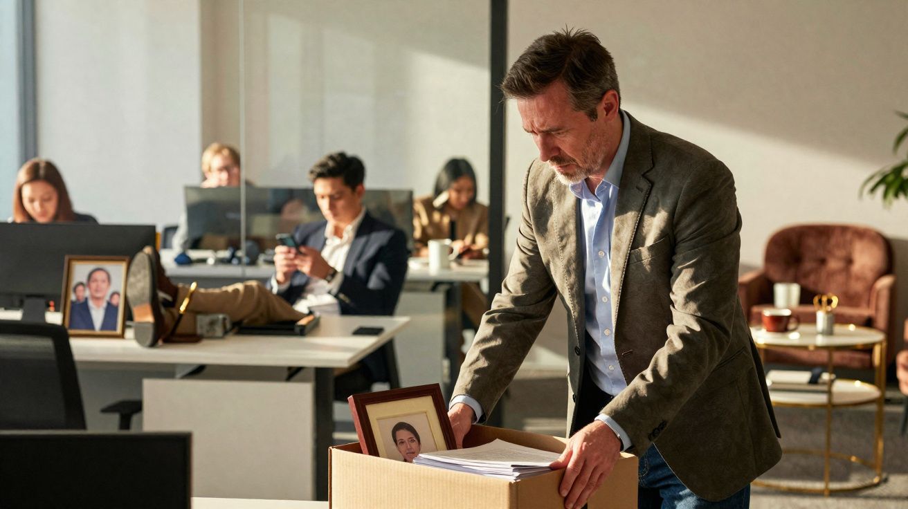 Homem desempregado a guardar pertences numa caixa numa sala de escritório com colegas ao fundo.