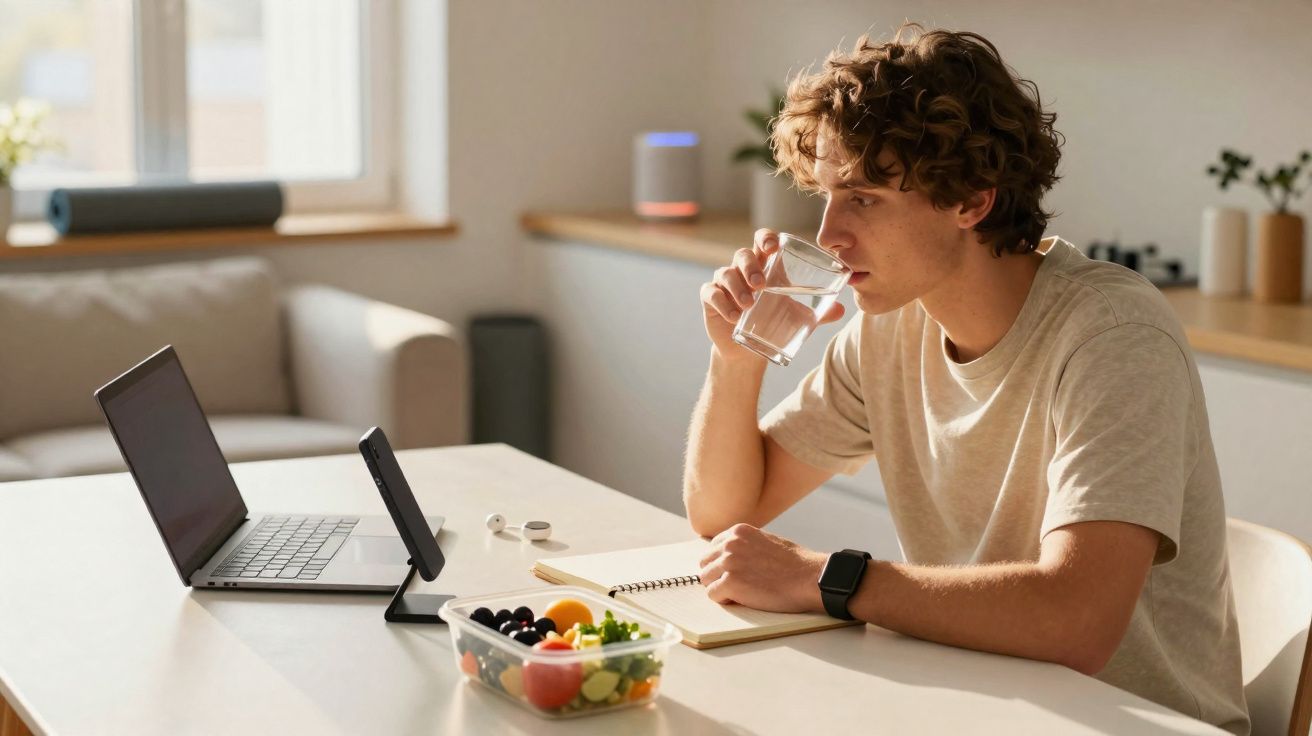 Jovem sentado numa mesa a beber água, com computador portátil e fruteira em frente, num ambiente luminoso.