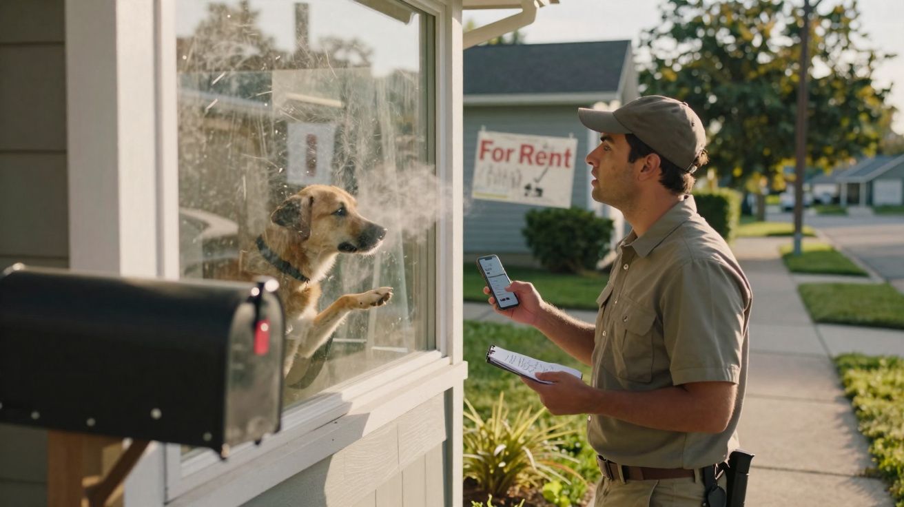 Homem de uniforme entrega encomenda enquanto cão espera atrás de janela de casa numa rua residencial.