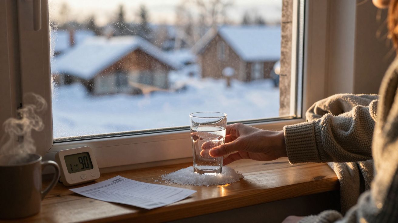 Vista de neve lá fora, mão a segurar copo de água sobre mesa com termómetro e chá quente junto à janela.