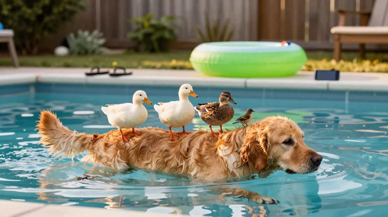 Cão nadando numa piscina com três patos e um outro pássaro em cima das costas.
