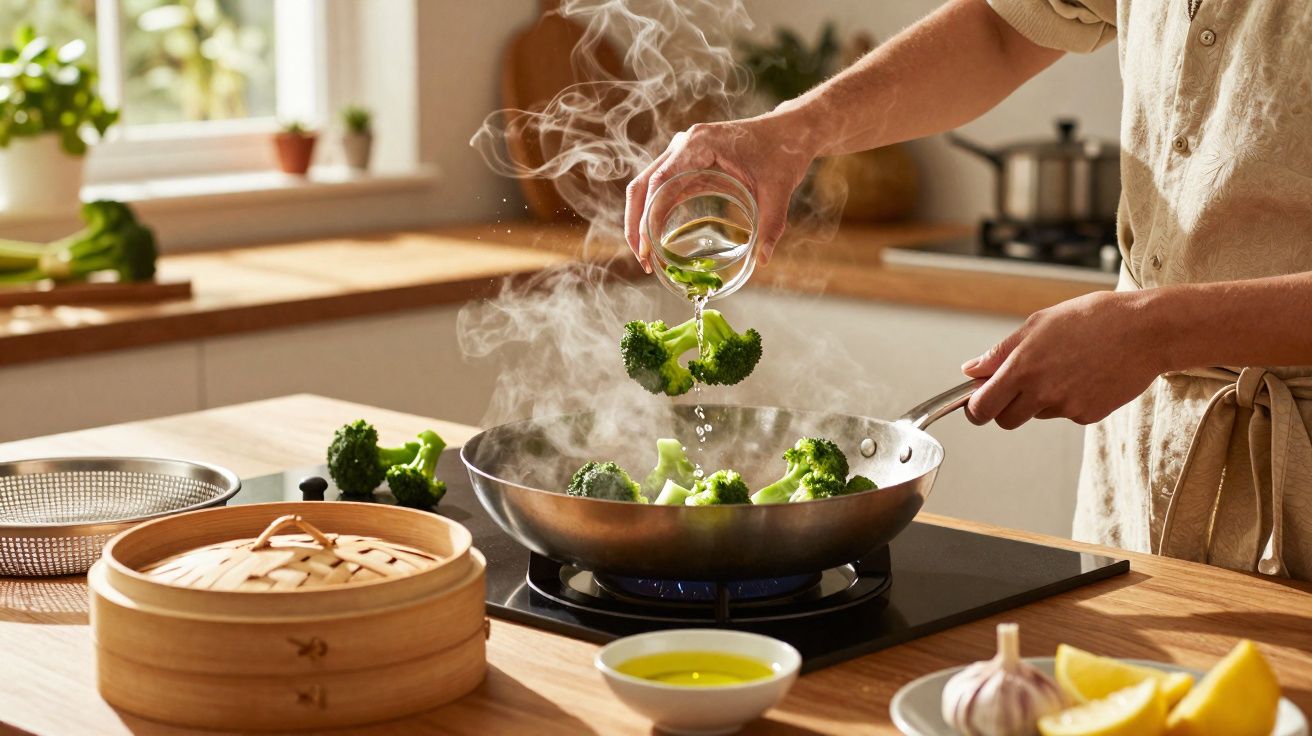 Pessoa a cozinhar brócolos numa frigideira com vapor, numa cozinha iluminada e moderna.
