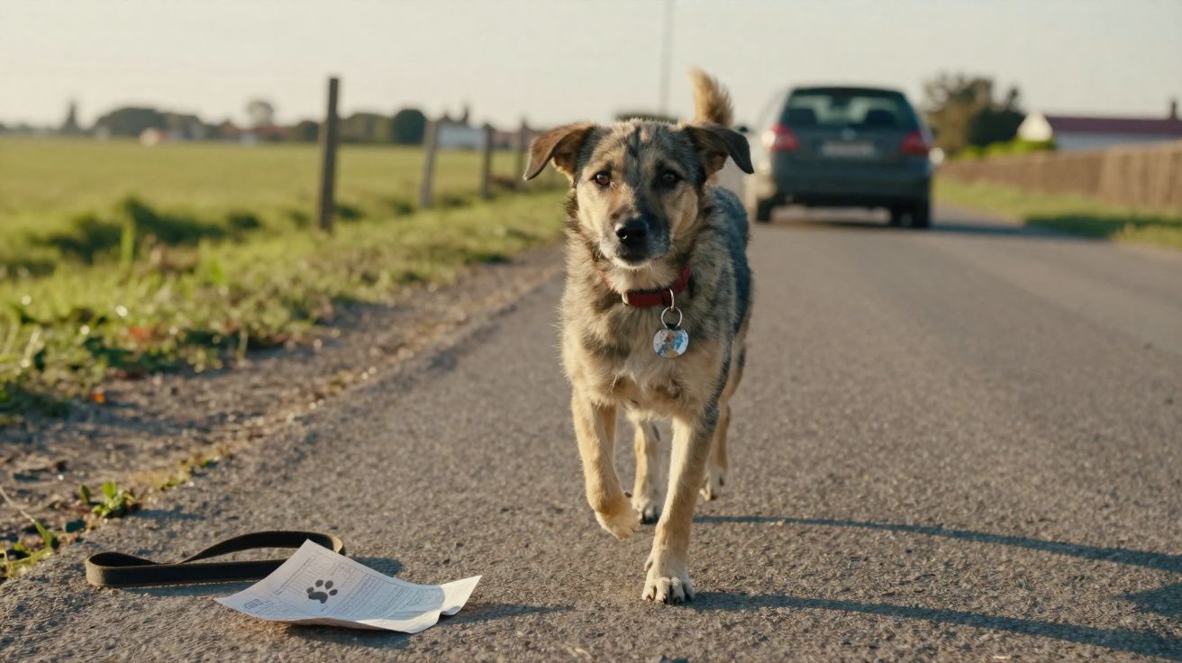 Cão castanho com coleira vermelha caminha na estrada perto de trela e papel, carro ao fundo.