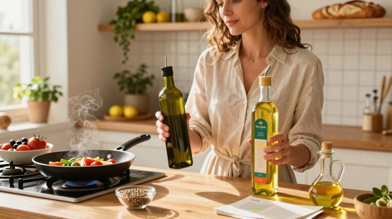 Mulher a cozinhar legumes numa frigideira, segurando garrafas de azeite numa cozinha luminosa.