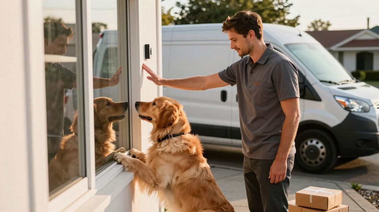 Homem toca num portão de vidro enquanto cão golden retriever põe as patas no vidro, junto a uma carrinha branca.