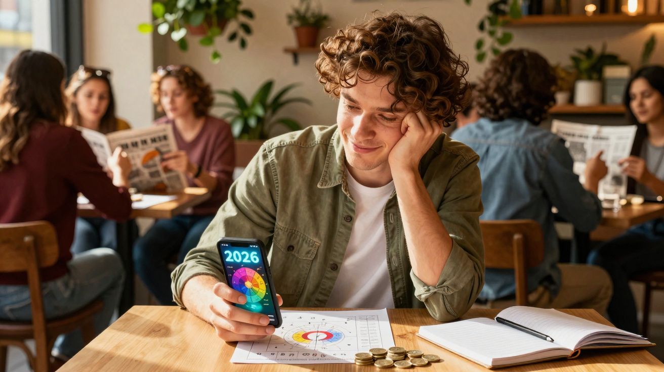 Jovem sentado numa mesa com gráfico e celular mostrando ano 2026, rodeado por pessoas em café.