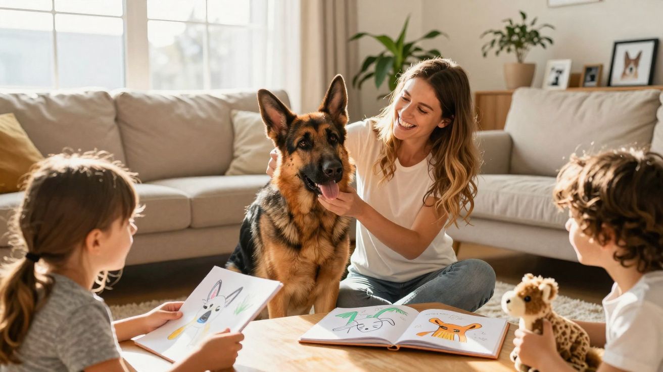 Mulher e duas crianças sentadas na sala a desenhar um cão pastor alemão ao centro.