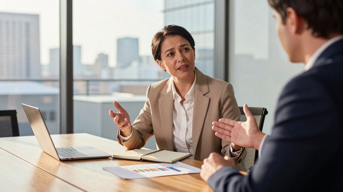 Duas pessoas em reunião de trabalho em escritório, com computador e gráficos sobre a mesa.