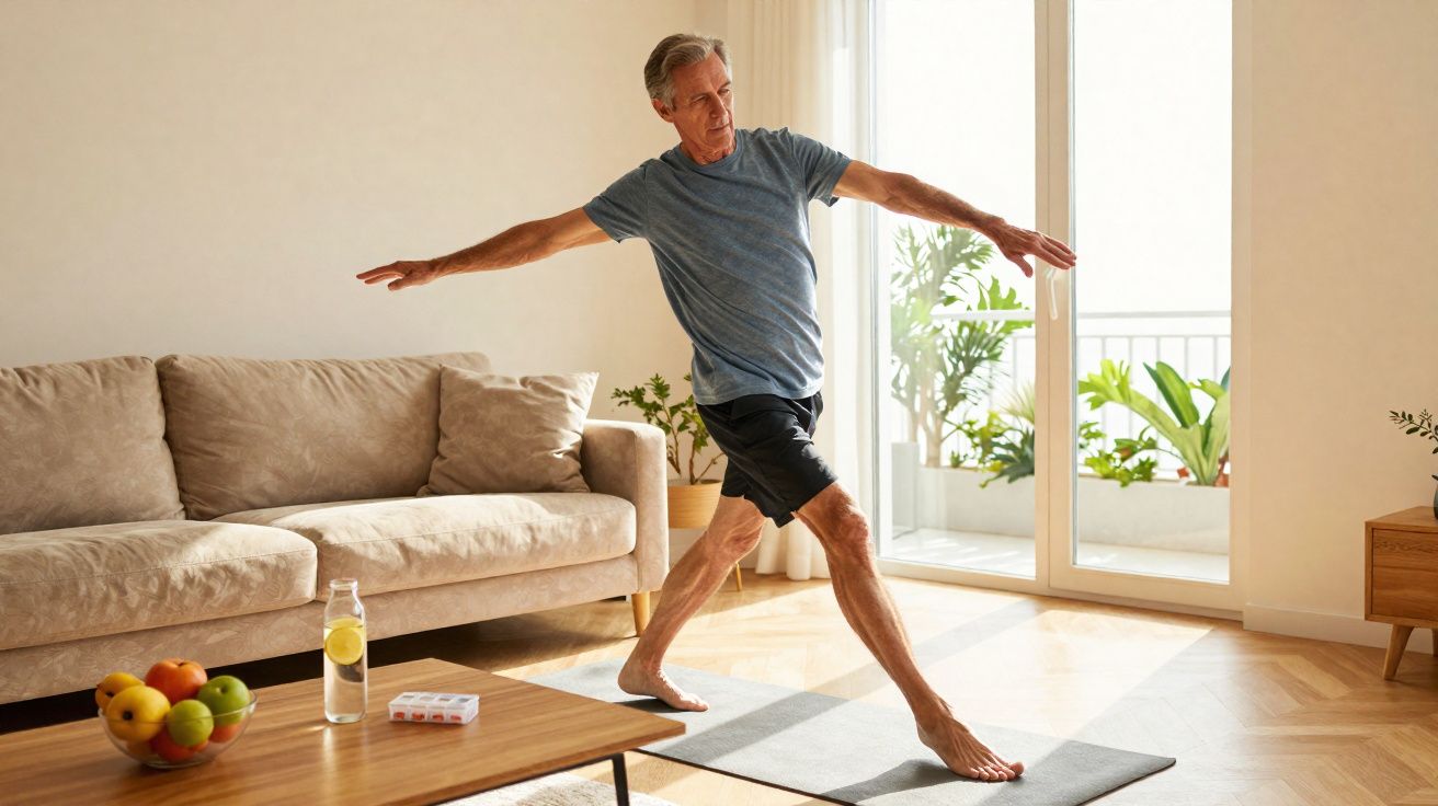 Homem sénior a fazer exercícios de alongamento numa sala iluminada com sofá e jarra de água.