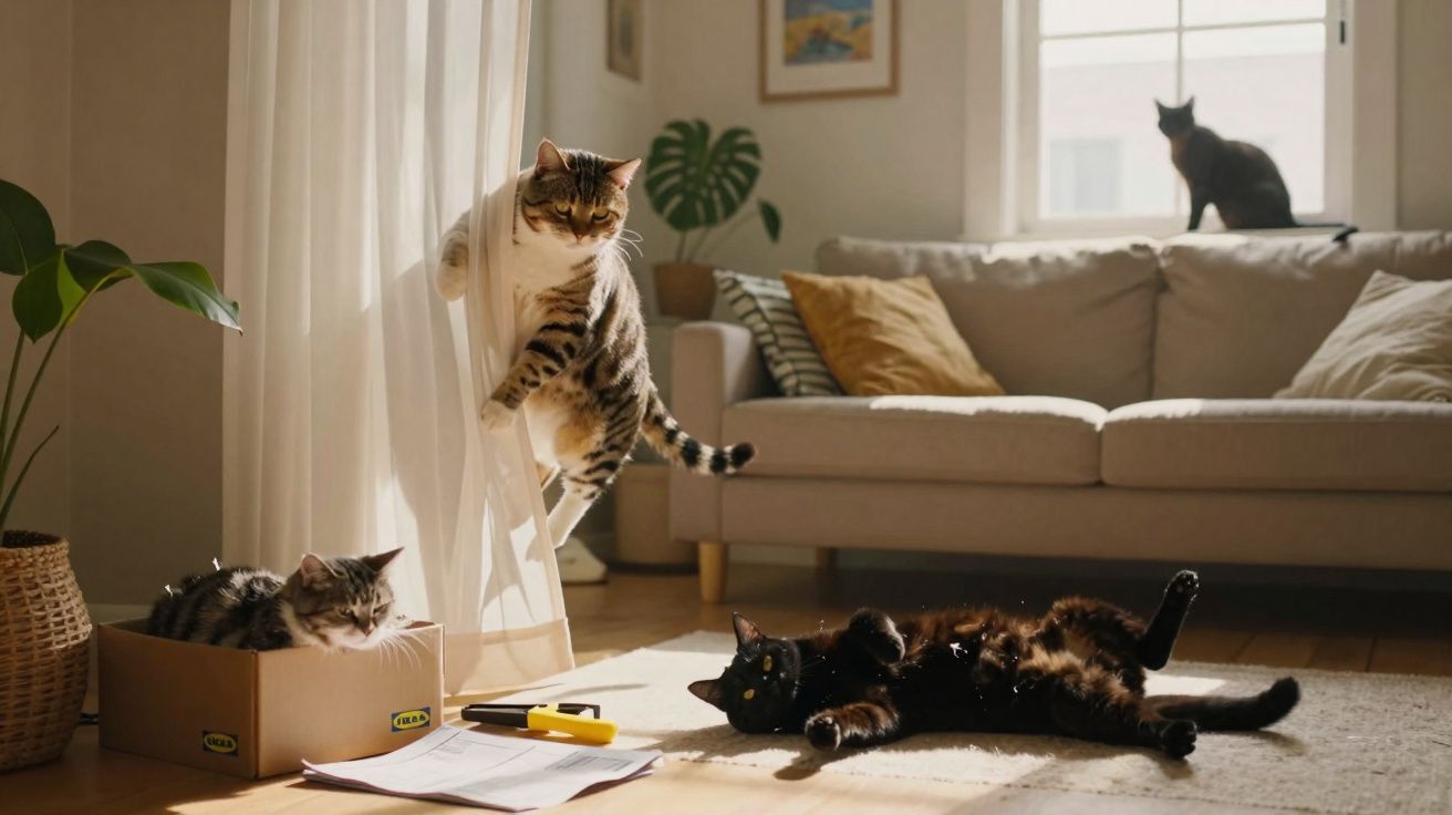 Quatro gatos relaxam numa sala iluminada pelo sol, com sofá, plantas e janela ao fundo.