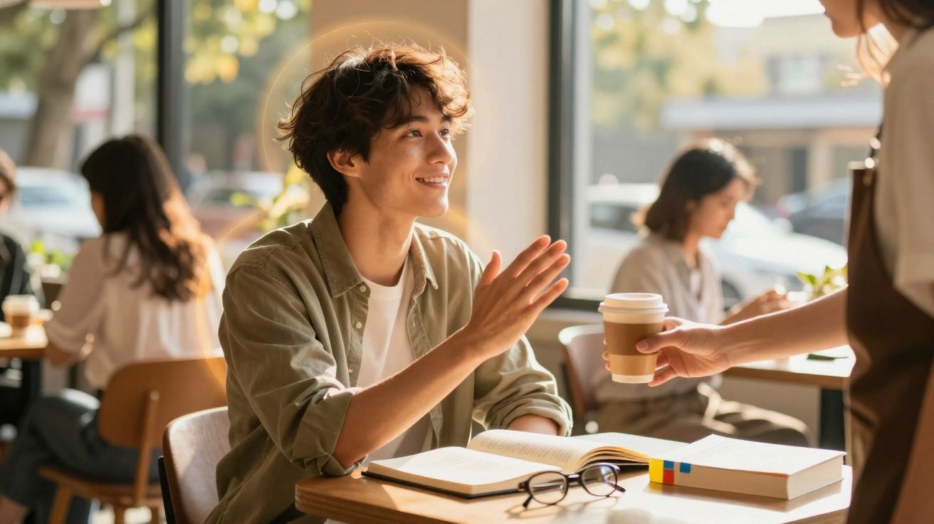 Jovem sorri e aceita café numa cafeteria, sentado com livros e óculos sobre a mesa, ambiente iluminado.