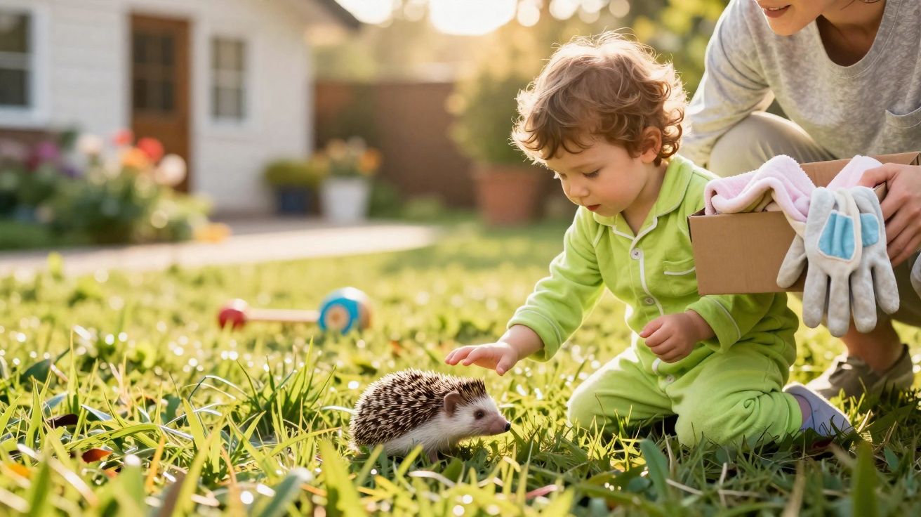 Criança de pijama verde a acariciar um ouriço no jardim ao sol, com adulto segurando uma caixa perto.