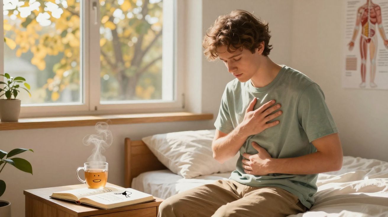 Jovem sentado na cama com expressão de dor, segurando o peito e a barriga num quarto iluminado.
