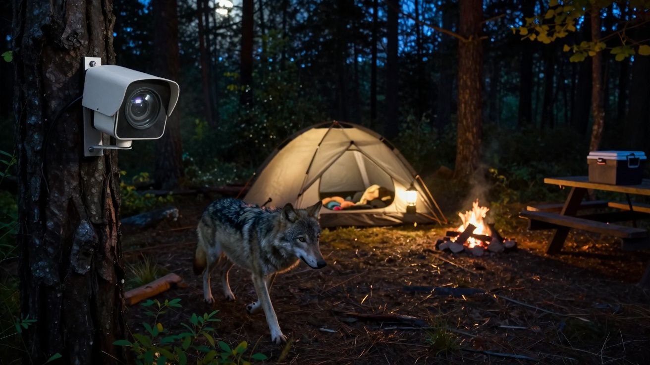 Veado pelo sensor de segurança, uma tenda iluminada e fogo de campismo numa floresta durante a noite.