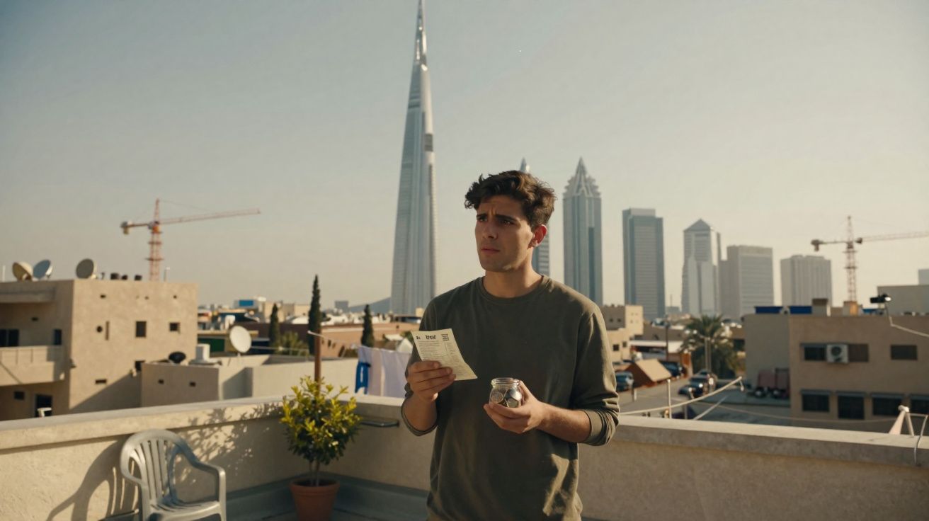 Homem jovem de pé num terraço urbano, segurando papel e frasco, com arranha-céus ao fundo ao entardecer.
