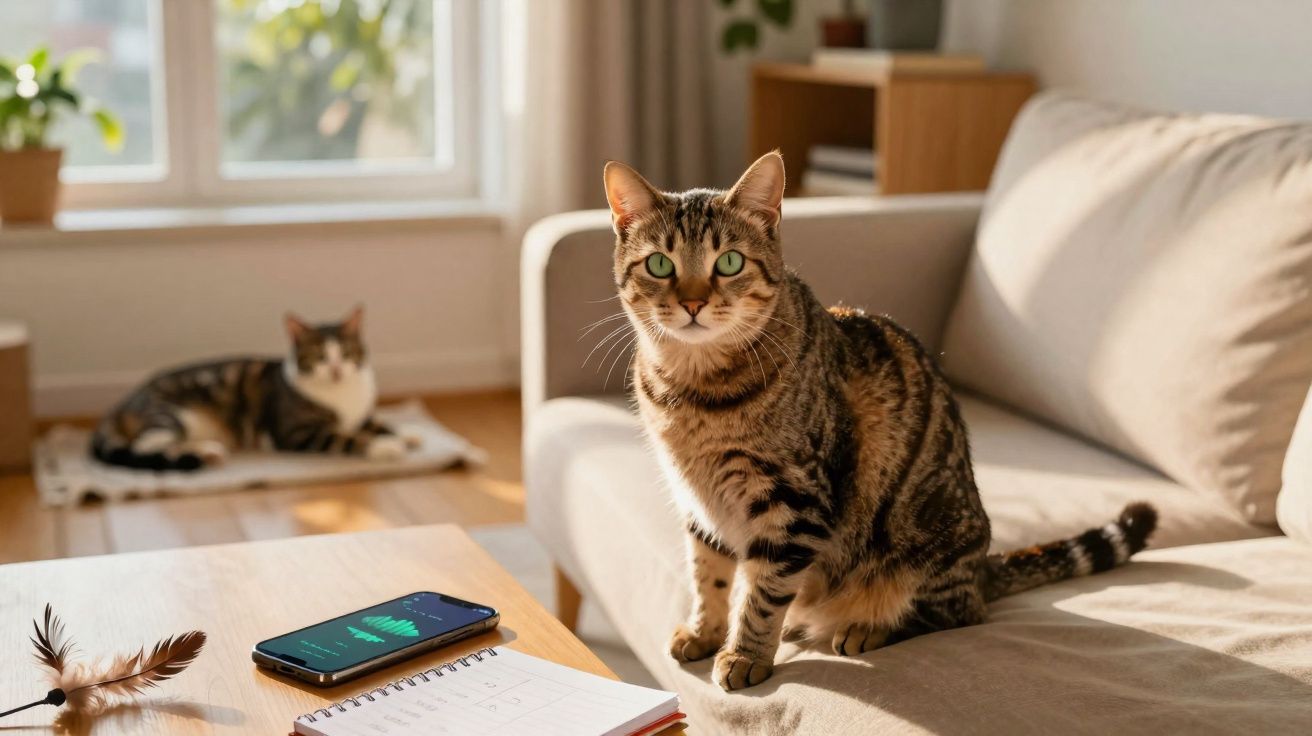 Gato listrado sentado num sofá claro com outro gato ao fundo numa sala iluminada pelo sol.