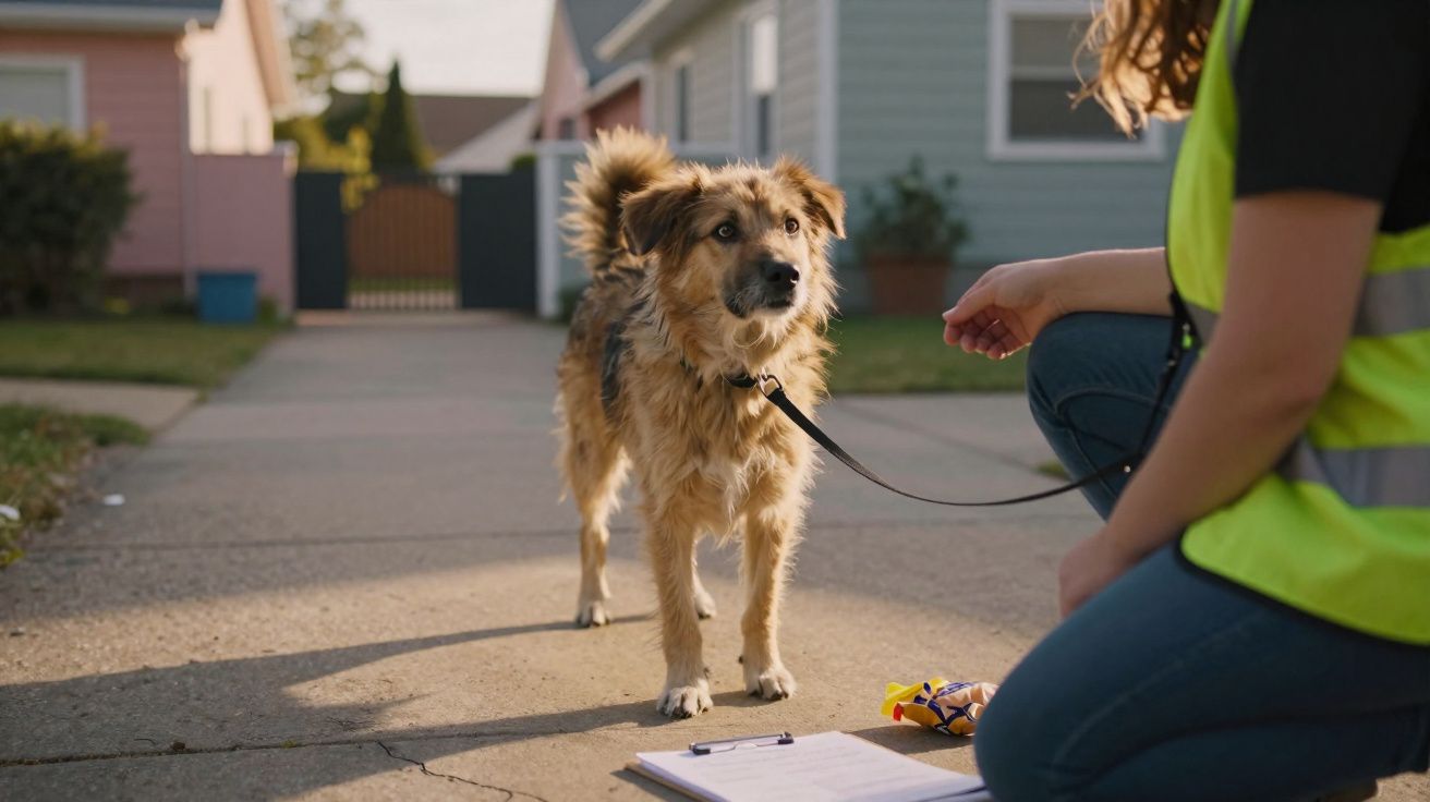 Cão castanho de pelo comprido preso à trela olha para pessoa agachada numa rua residencial.