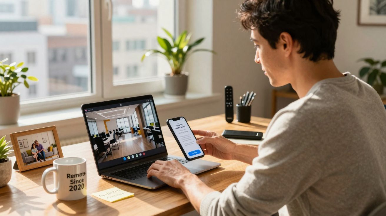 Homem a trabalhar em teletrabalho, sentado à secretária com portátil e telemóvel numa sala iluminada.