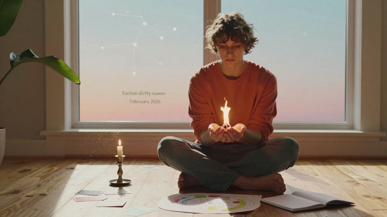 Pessoa sentada no chão com vela acesa nas mãos, luz suave e cartas espalhadas à volta.