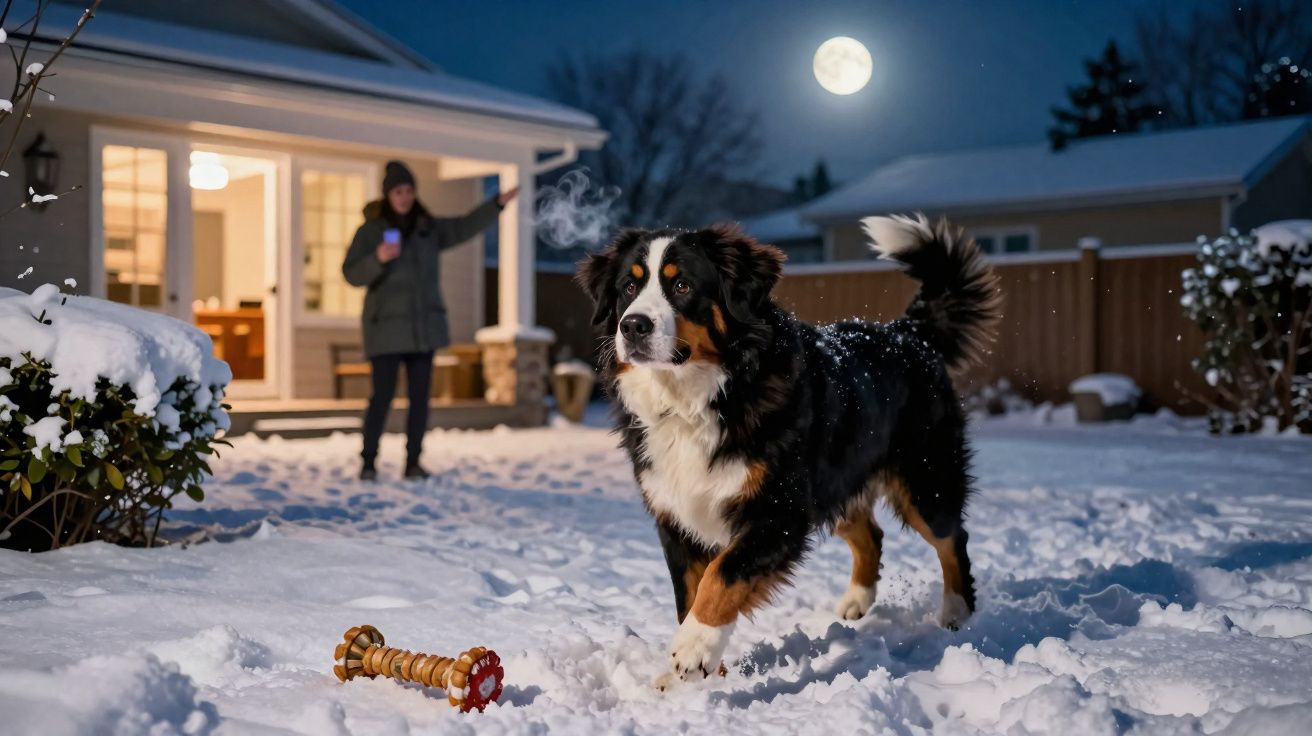 Cão grande na neve com brinquedo, enquanto pessoa em casaco observa à porta de casa à noite com a lua cheia.