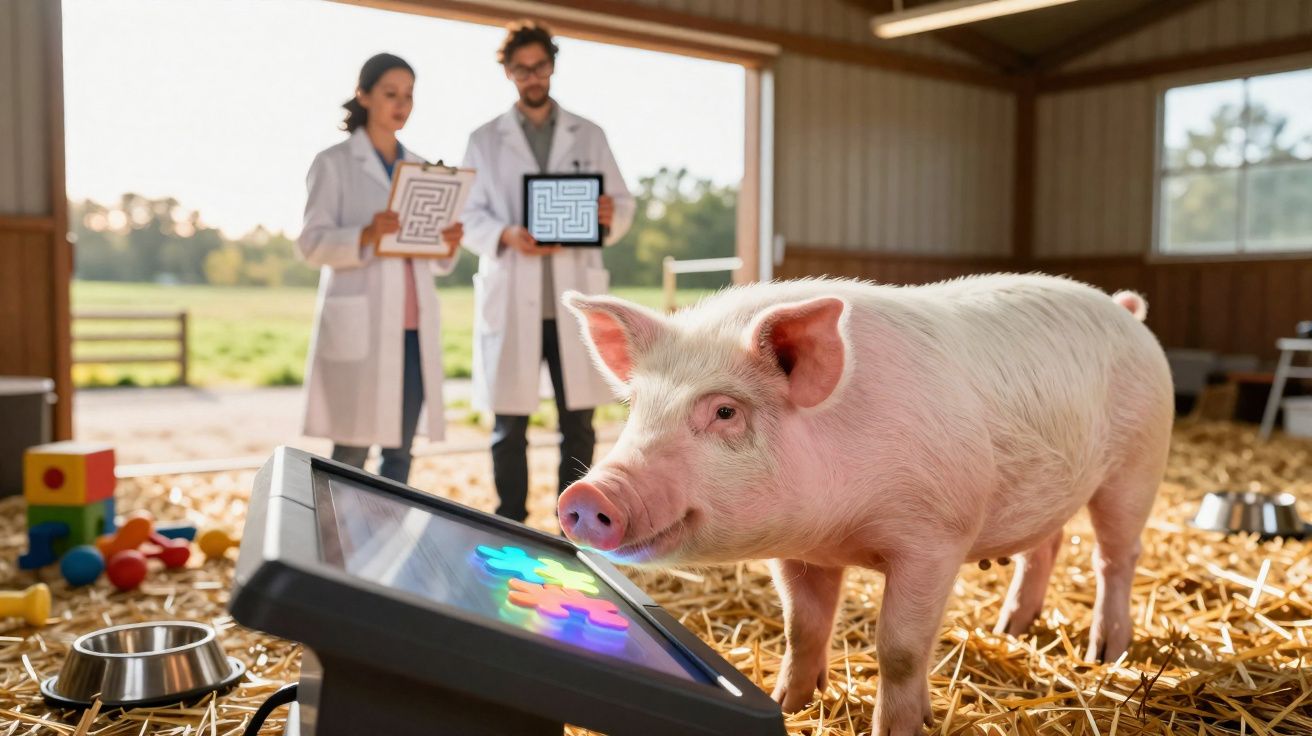 Porco em celeiro a interagir com ecrã digital, enquanto dois cientistas observam com pranchas na mão.