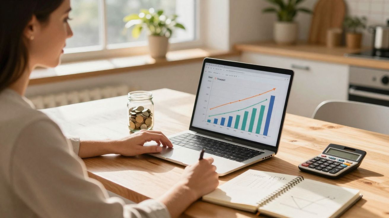Pessoa a analisar gráficos financeiros num computador portátil numa mesa com frascos de moedas e calculadora.