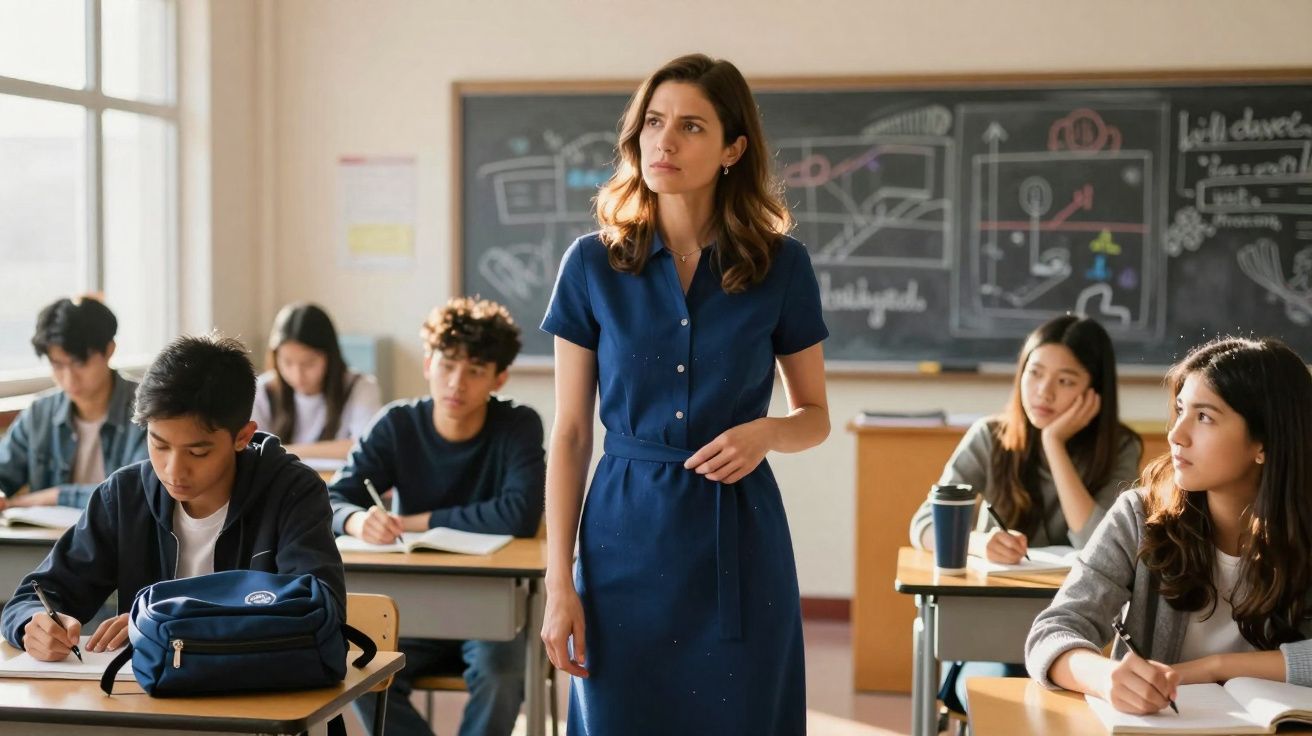 Professora atenta em sala de aula com alunos a escrever e quadro negro ao fundo.