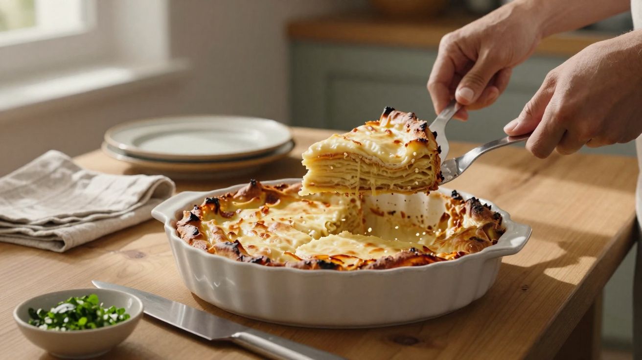 Pessoa a servir fatia de lasanha gratinada em tabuleiro branco numa mesa de madeira.