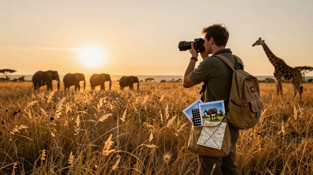 Fotógrafo com mochila a captar elefantes e girafa numa savana ao pôr do sol.