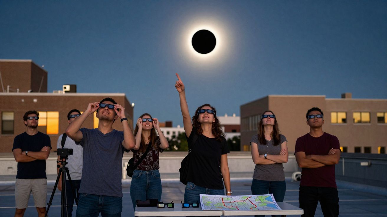 Grupo de pessoas com óculos especiais a observar eclipse solar total numa área urbana ao entardecer.