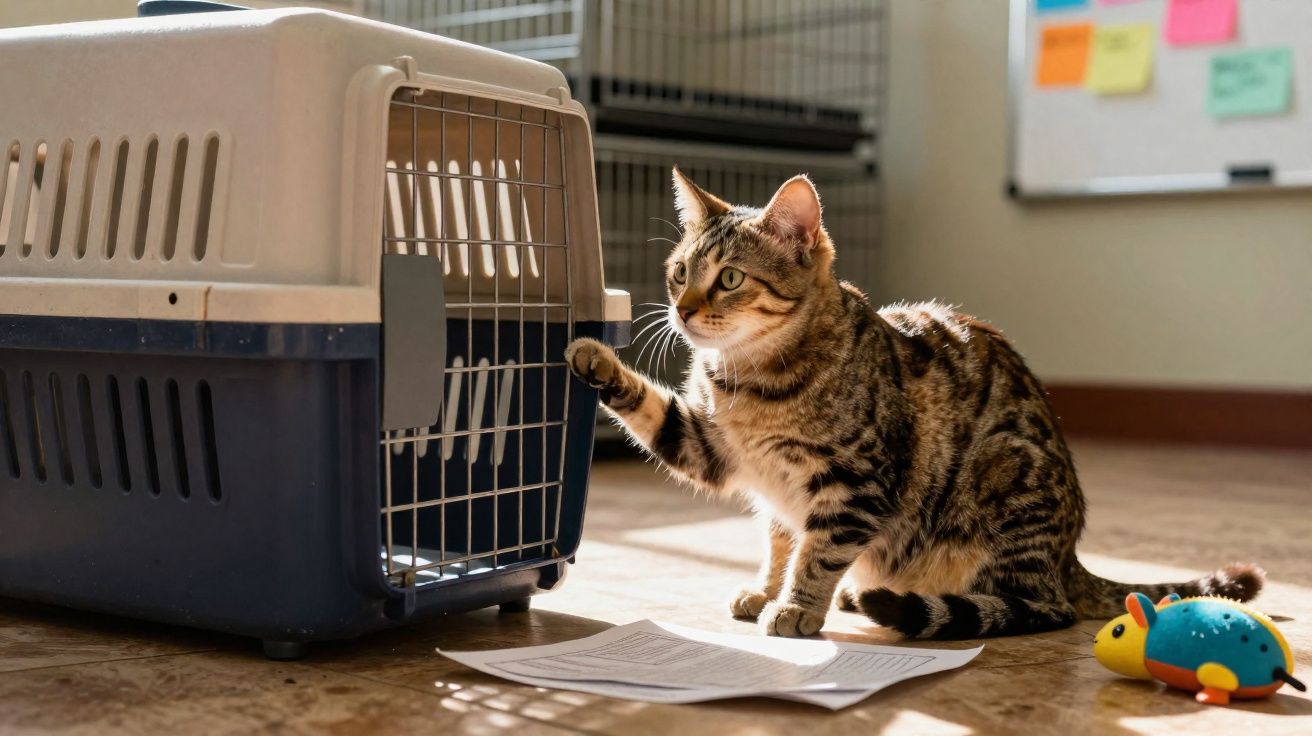 Gato tigrado sentado no chão junto a transportadora para animais e brinquedo colorido.