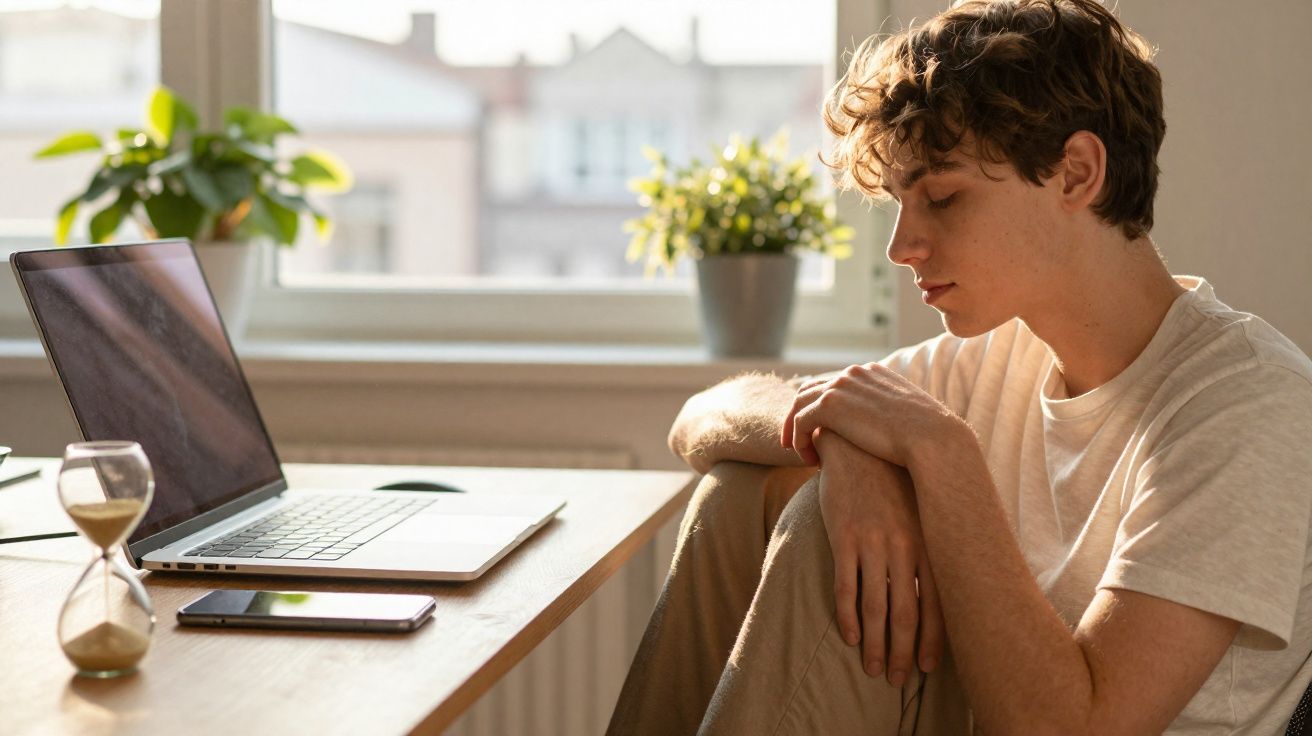 Jovem sentado no chão junto à secretária com portátil, smartphone e ampulheta, olhando para baixo, pensativo.