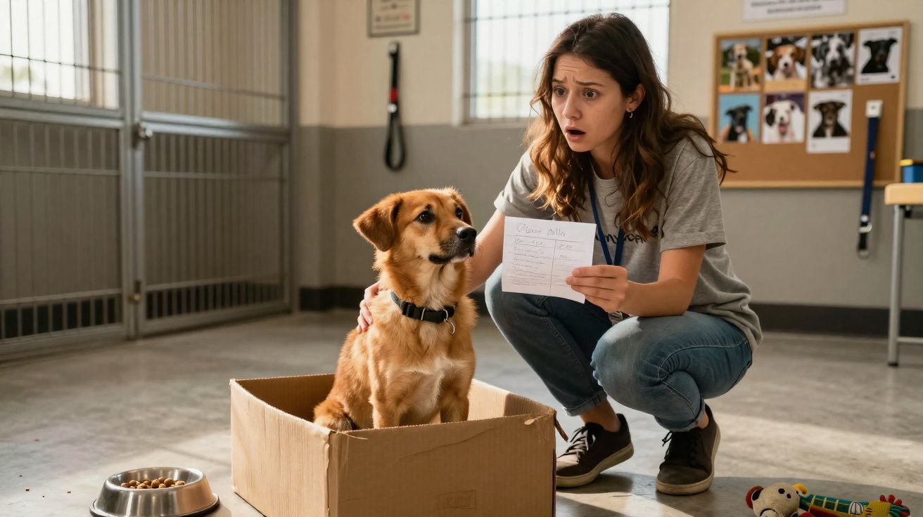 Mulher surpreendida ao lado de cão castanho sentado numa caixa de cartão num abrigo de animais.