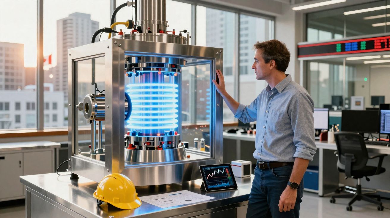 Homem examina equipamento tecnológico futurista com luz azul num laboratório moderno.
