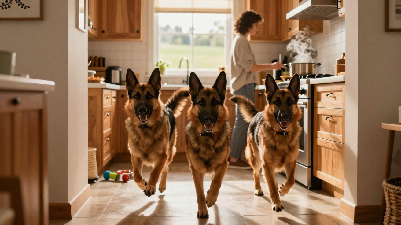 Três cães pastores alemães a correr na cozinha com uma mulher a cozinhar ao fundo.