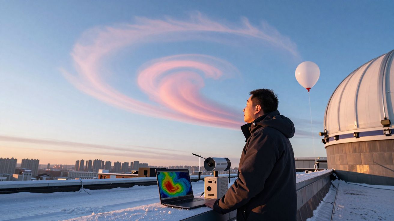 Homem observa nuvem em espiral ao pôr do sol, com torre de observatório e equipamento meteorológico.
