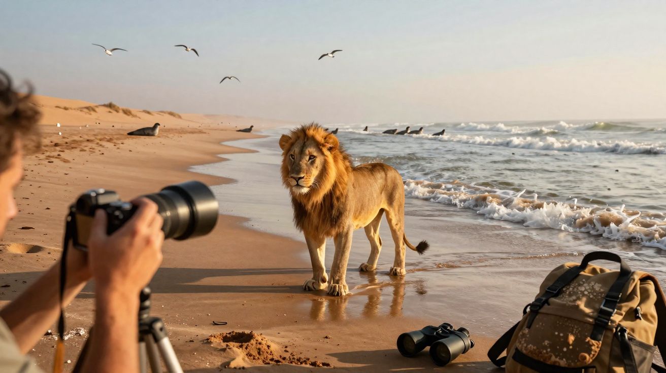 Fotógrafo captura leão na praia com pássaros voando e equipamentos no areal ao amanhecer.
