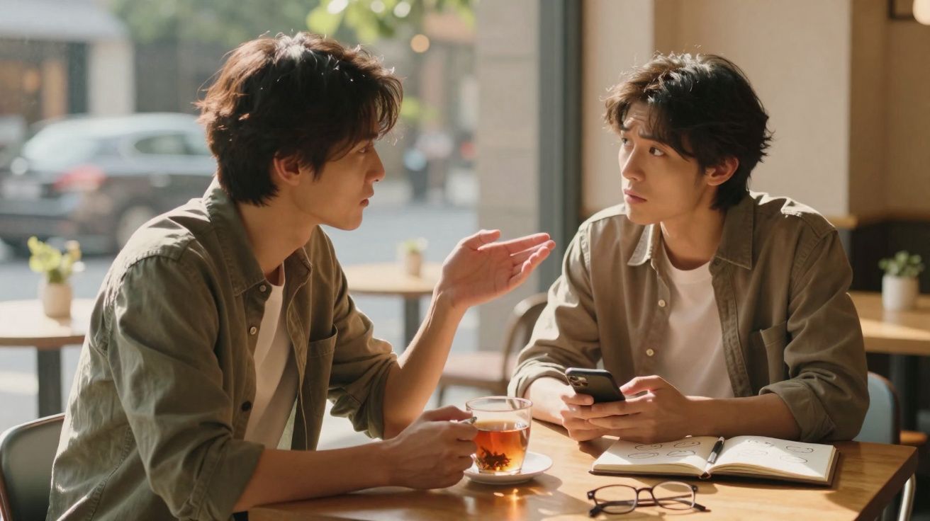 Dois jovens sentados numa mesa de café, um a falar e outro a ouvir com um telemóvel e caderno.
