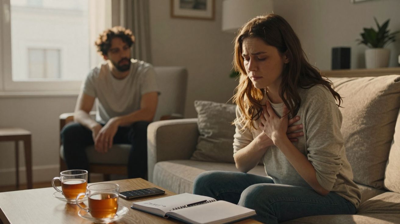 Mulher com expressão de dor no peito sentada no sofá enquanto homem ao fundo observa preocupado.