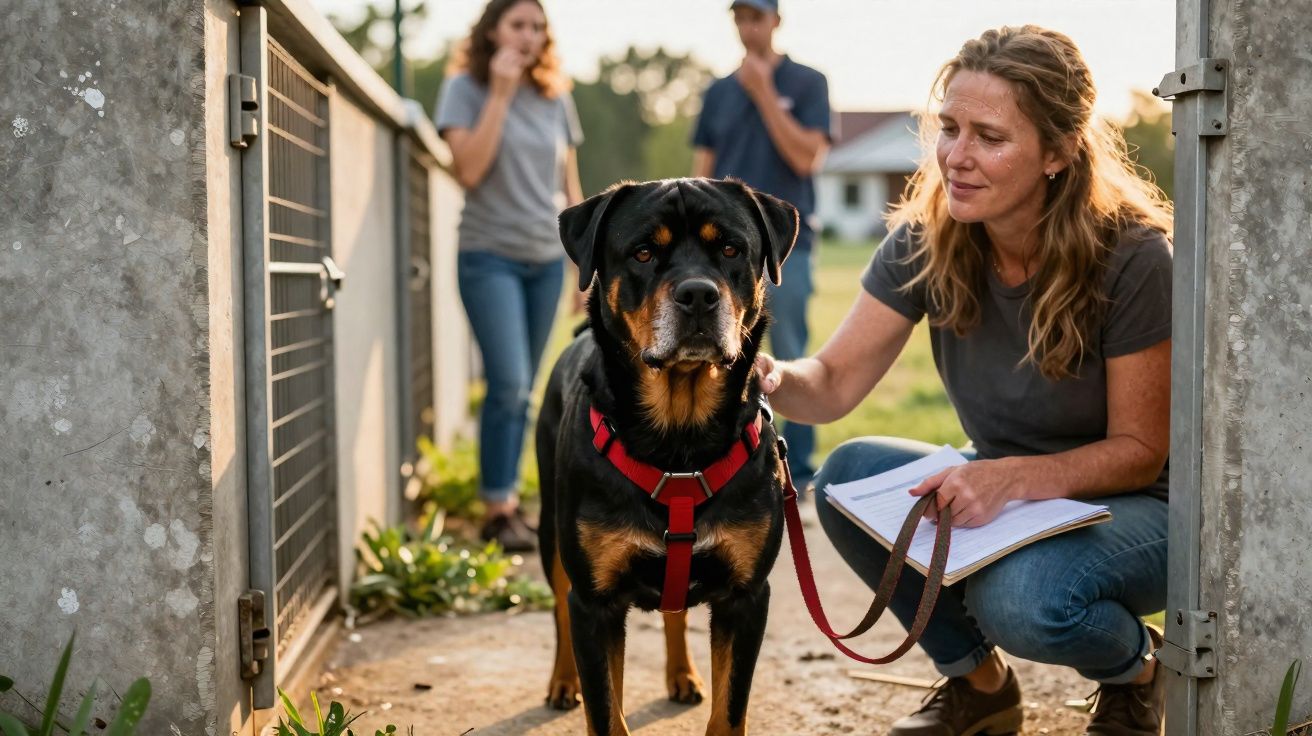 Mulher agachada ao lado de cão Rottweiler com trela vermelha, em espaço exterior com duas pessoas ao fundo.